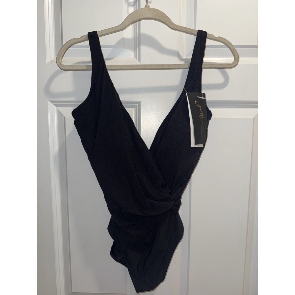 GOTTEX Black Lattice  V Neck Surplice 1 Piece Swimsuit‎ Sz 14 NWT